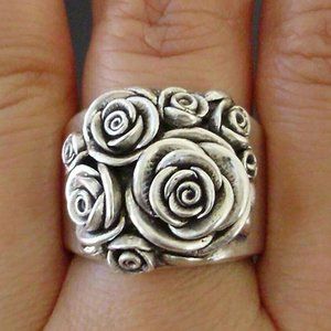 NEW 925 Silver Rose Flower Vintage Wide Band Ring